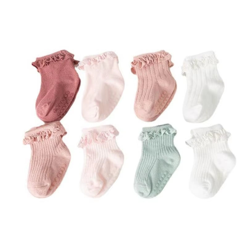 4Pair/Lot New Baby Children'S Non-Slip Autumn Winter Cotton Socks Solid Color Baby Foot Socks