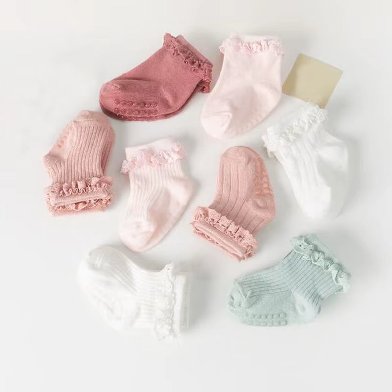 4Pair/Lot New Baby Children'S Non-Slip Autumn Winter Cotton Socks Solid Color Baby Foot Socks
