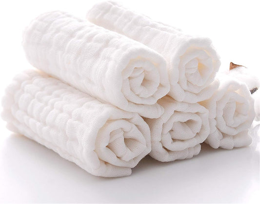 Baby Muslin Washcloths, Natural Cotton, Soft Newborn Face Towel, 5 Pack, 12 X 12 Inches (White)