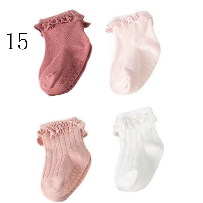 4Pair/Lot New Baby Children'S Non-Slip Autumn Winter Cotton Socks Solid Color Baby Foot Socks