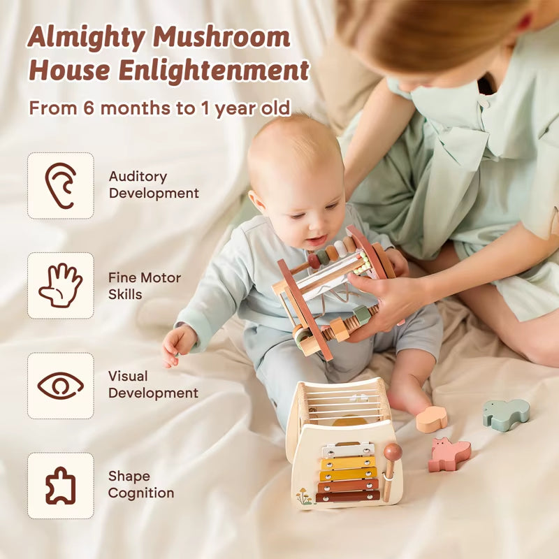 Baby Montessori Toy Wooden Five-In-One Mushroom Castle Stacking Puzzle Toy Kid Houses Blocks Early Childhood Education Game Gift