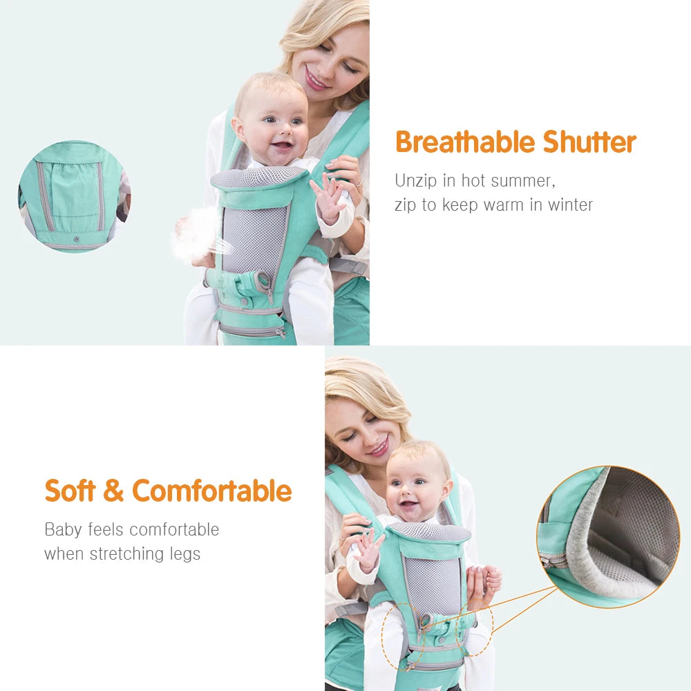 Baby Carrier with Hip Seat Breathable & Detachable Design Adjustable Strap Side Pockets Multifunctional Ergonomic Baby Carriers