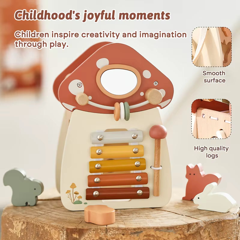 Baby Montessori Toy Wooden Five-In-One Mushroom Castle Stacking Puzzle Toy Kid Houses Blocks Early Childhood Education Game Gift