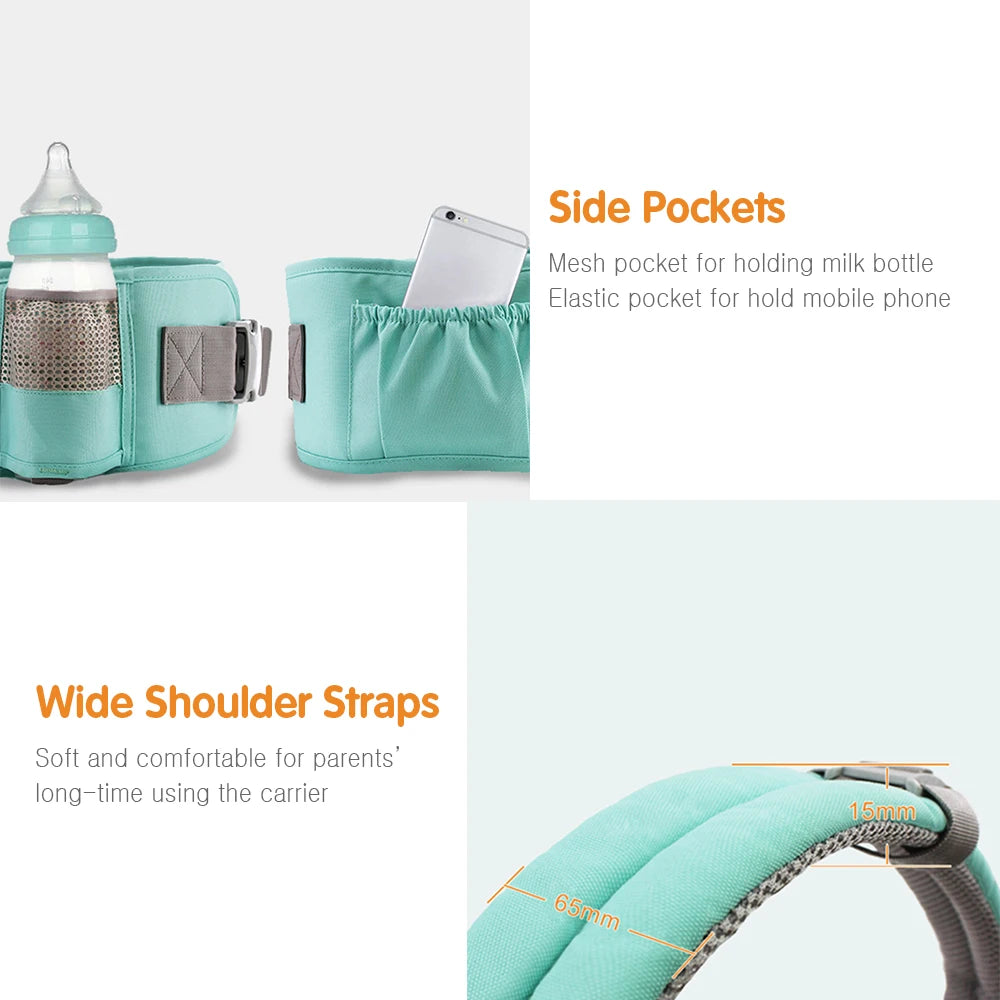 Baby Carrier with Hip Seat Breathable & Detachable Design Adjustable Strap Side Pockets Multifunctional Ergonomic Baby Carriers