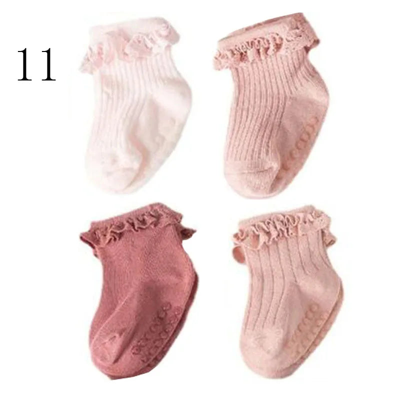 4Pair/Lot New Baby Children'S Non-Slip Autumn Winter Cotton Socks Solid Color Baby Foot Socks