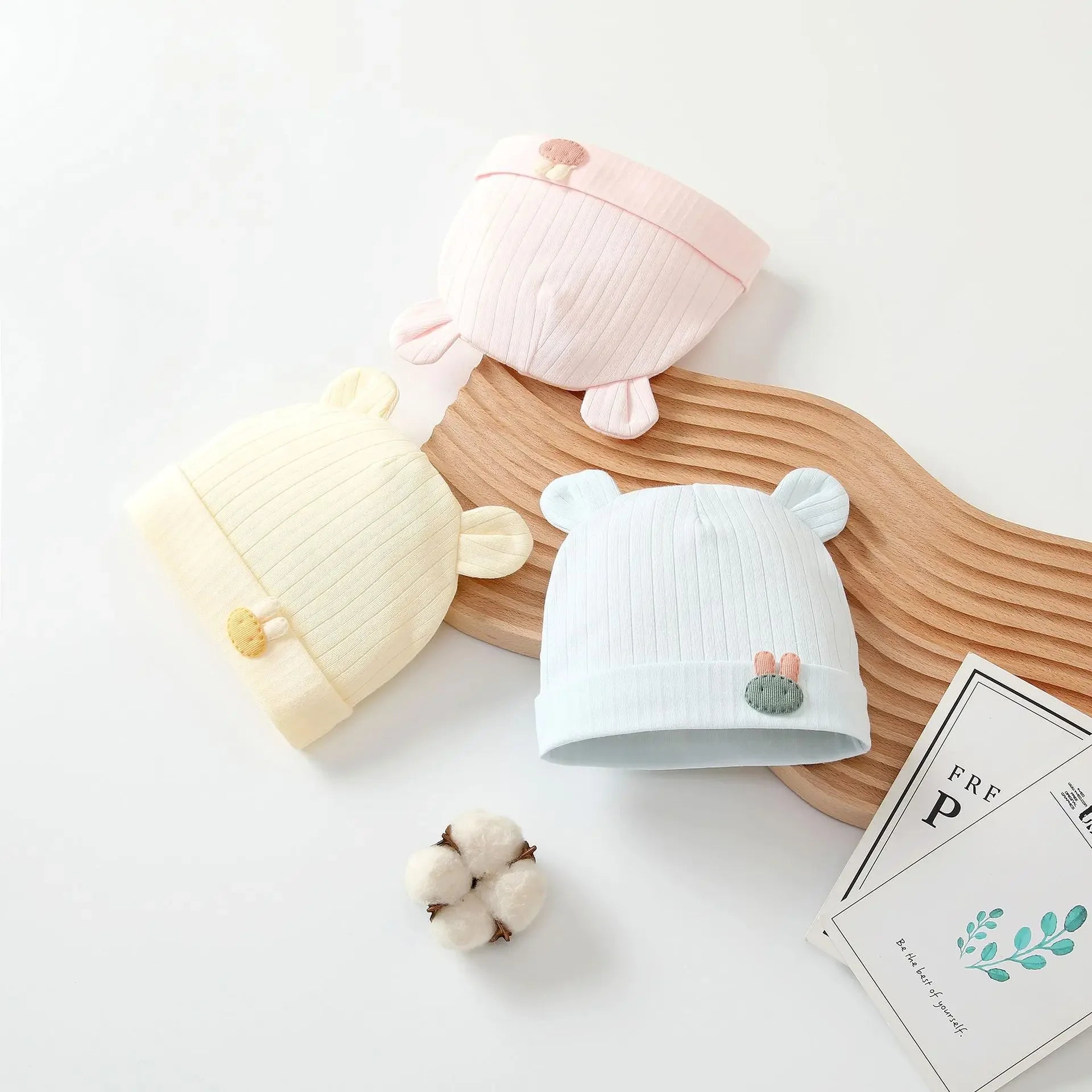 Soft Infant Beanies Caps Baby Hat Cartoon Bear Boneless Muslin Hat Newborn Headwear Windproof Spring Hat 0-3M Baby Hats